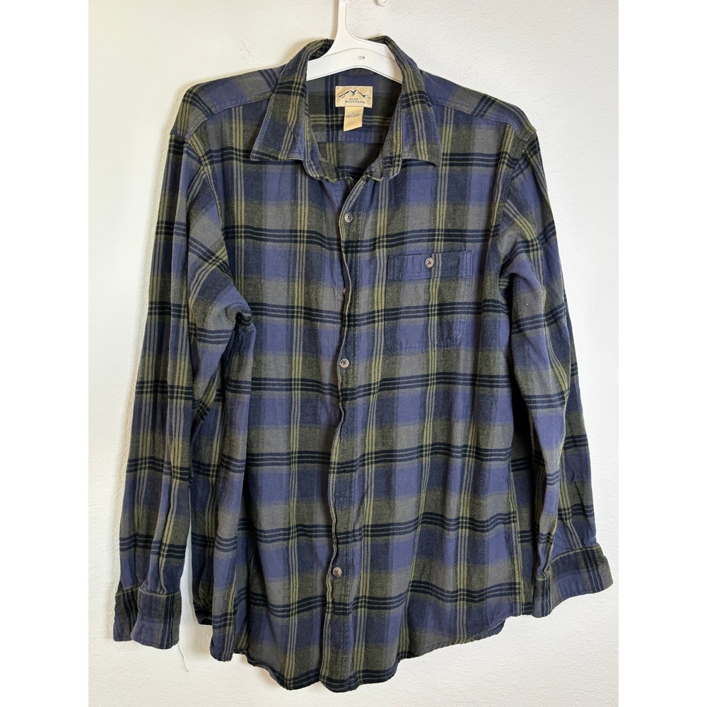 Blue Mountain Mens Flannel Shirt Large Blue Olive Green Plaid Cotton Button Down